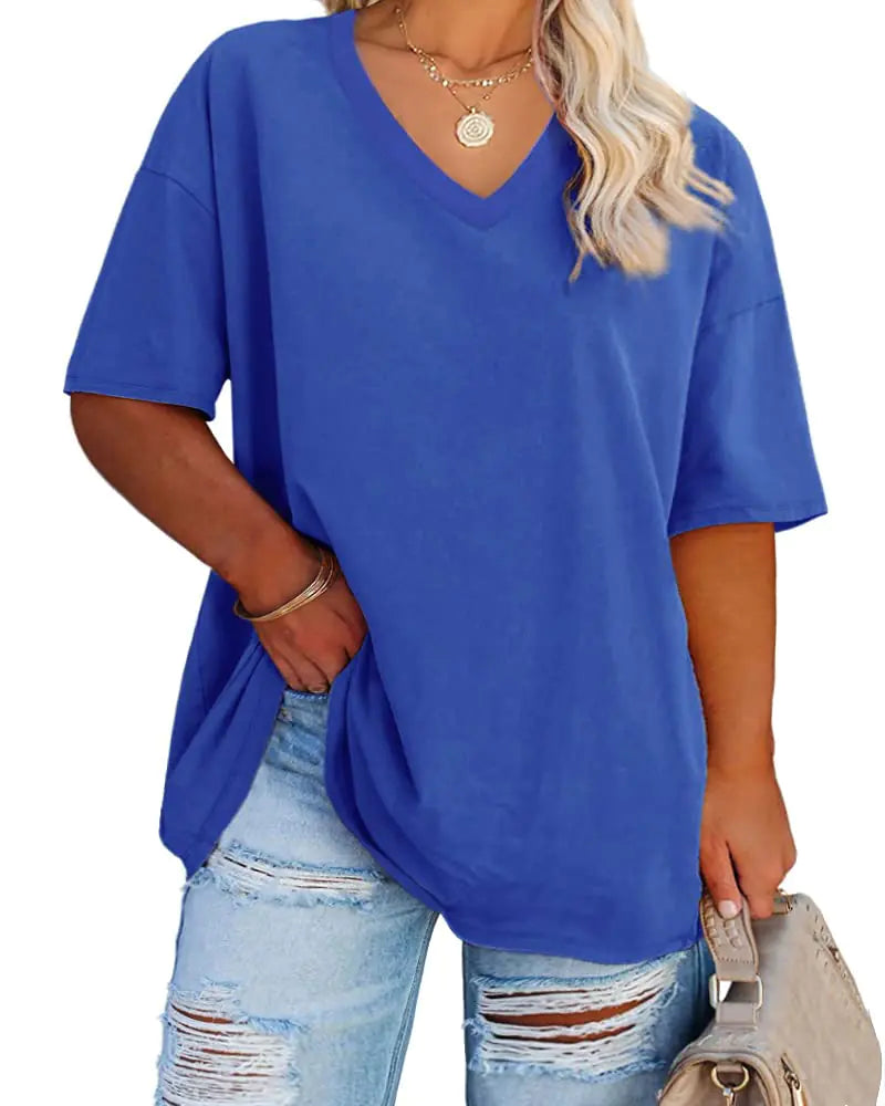 Women's Plus Size V Neck T Shirts Summer Half Sleeve Tees Casual Loose Fit Cotton Tunic Tops XX-Large Plus Khaki