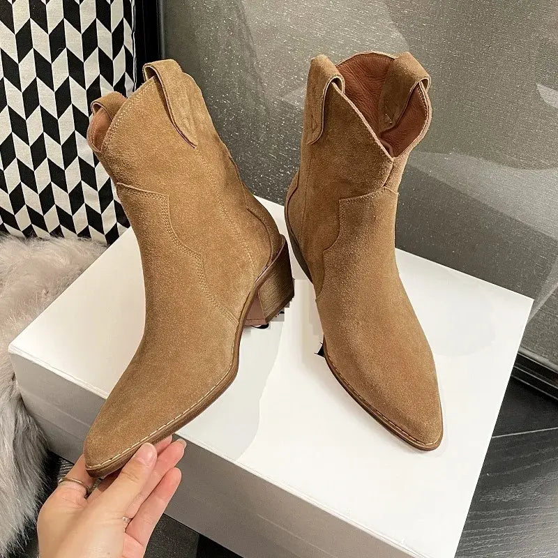 Chelsea Cow Suede Pointy Toe Wedge Heel Ankle Boots