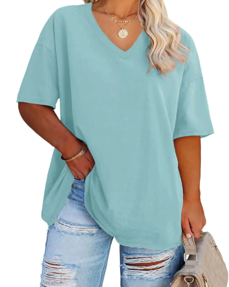 Women's Plus Size V Neck T Shirts Summer Half Sleeve Tees Casual Loose Fit Cotton Tunic Tops XX-Large Plus Khaki