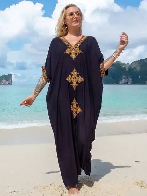 Plus Size Elegant Gold Embroidered Kaftan Retro V-neck Dress