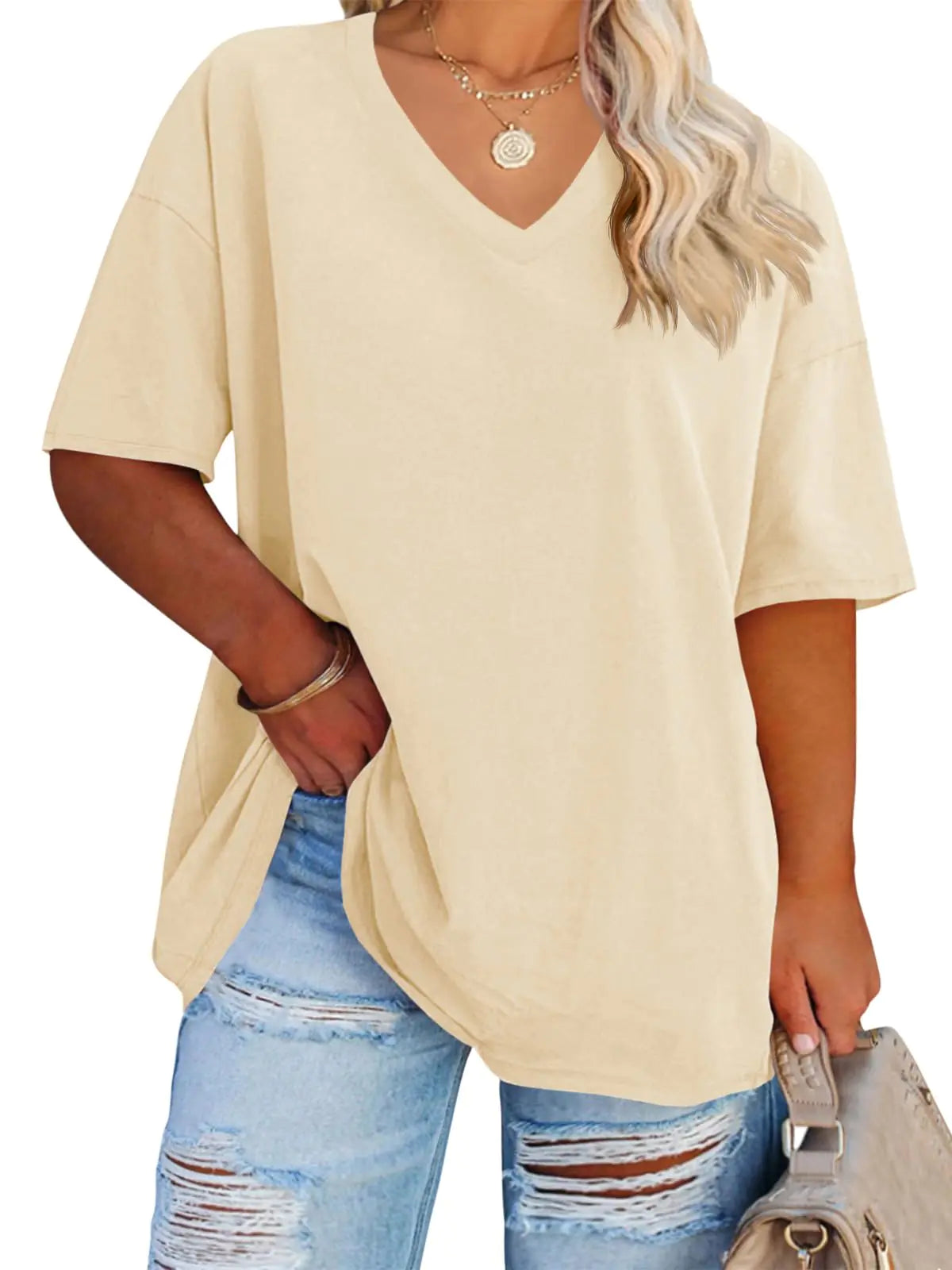 Women's Plus Size V Neck T Shirts Summer Half Sleeve Tees Casual Loose Fit Cotton Tunic Tops XX-Large Plus Khaki