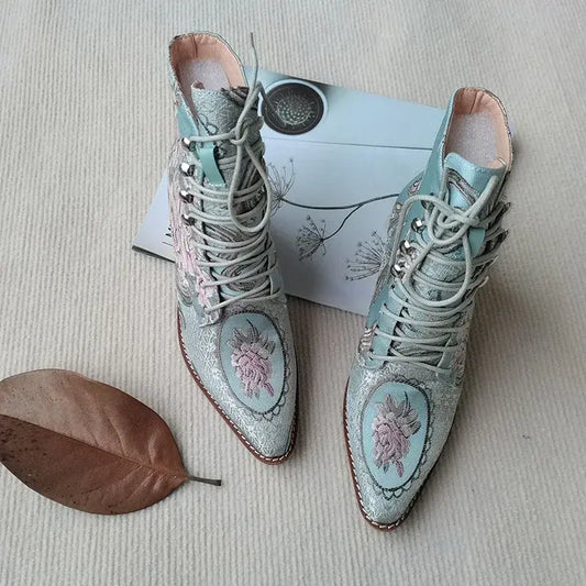 Women's Victorian Embroidered Flowers Blue Boots