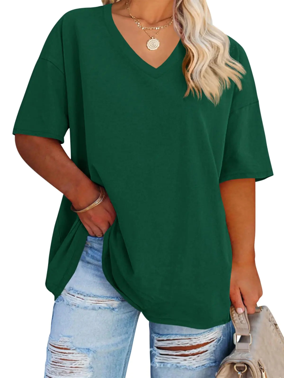 Women's Plus Size V Neck T Shirts Summer Half Sleeve Tees Casual Loose Fit Cotton Tunic Tops XX-Large Plus Khaki