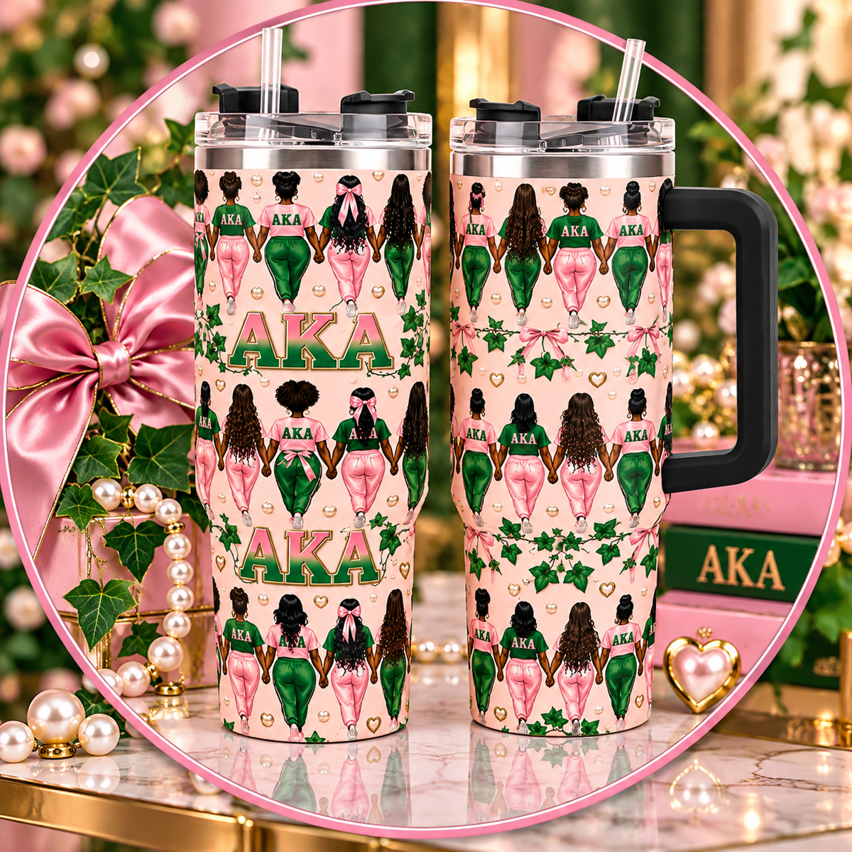 AKA Sisterhood Spirit Tumbler – Pink & Green Sorority-Inspired Custom Cup