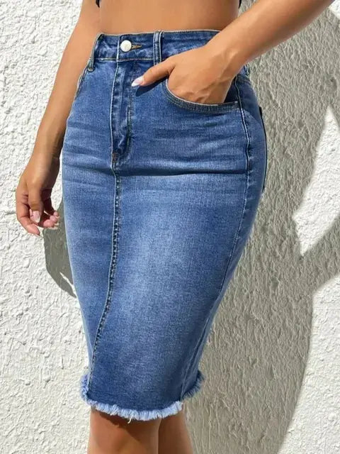 Summer New High Elastic Raw Edge Denim Skirt for Women