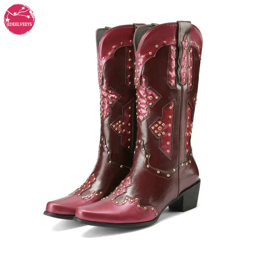 Wide Calf Western Pointed Toe Leather Patchwork Mid Calf Boot