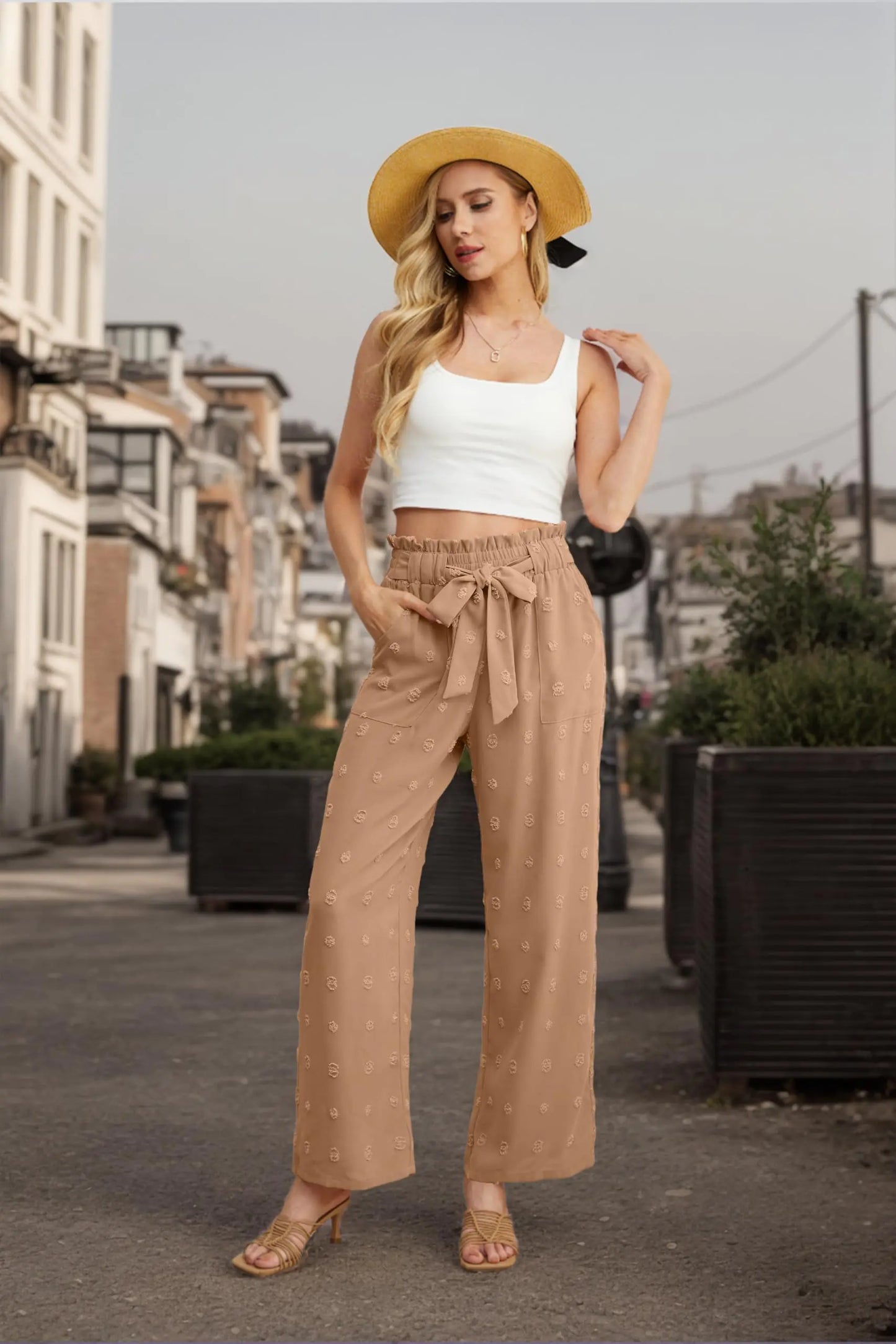 OLRIK Women's Casual Plus Size Pants High Waisted Self-tie Belted Lounge Pants Straight Long Trousers with Pockets 3X Th Khaki