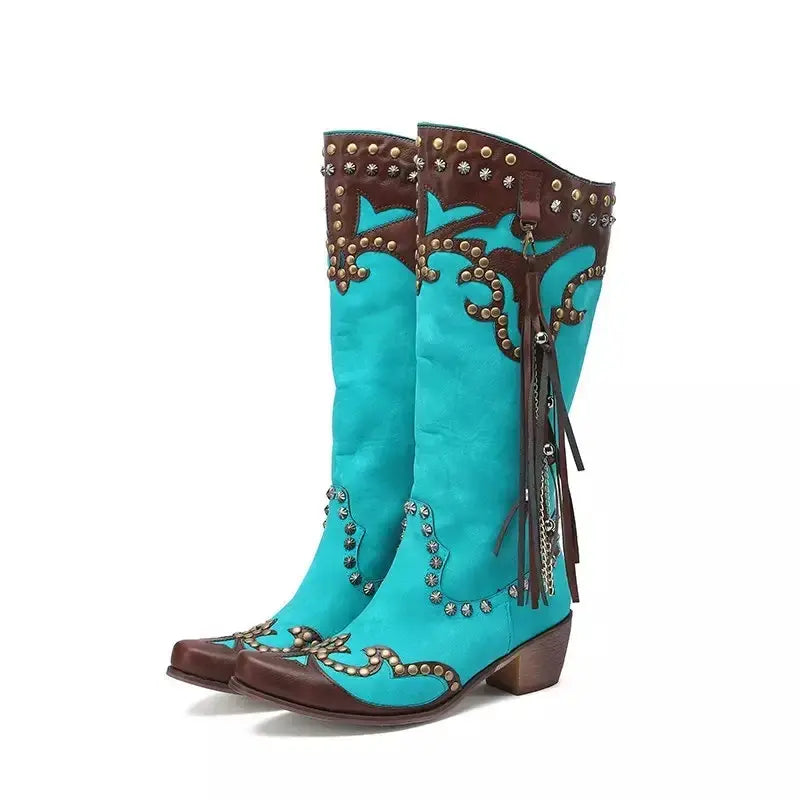 Handmade Chunky Heel Tassel Boots - Blue Cowboy Style