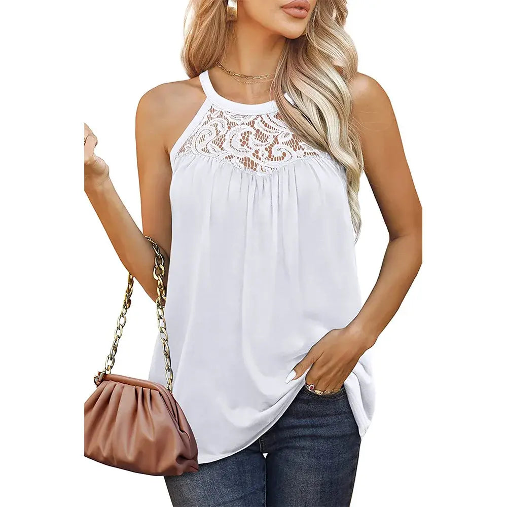 Women's Sleeveless Loose Fit Tank Tops with Lace Halter Top