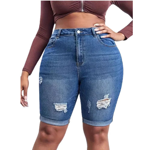 Plus Size Women's Ripped Denim Shorts with Roll Hem