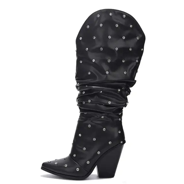 Fancy Swing Pleated Upper Long Cowboy Boots with Rhinestone
