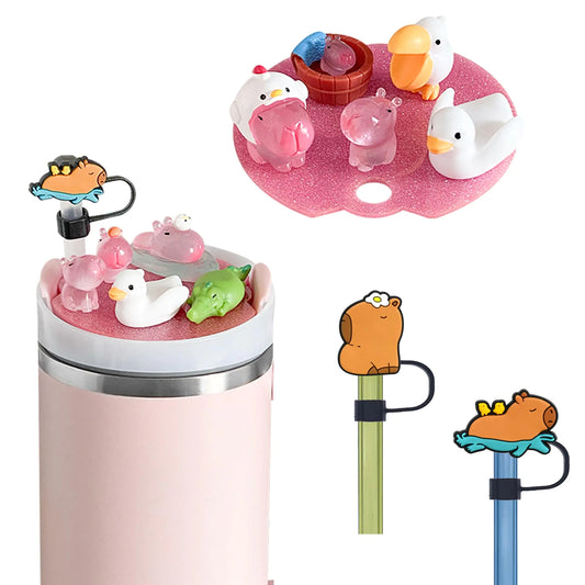 Xyntara Capybara Stanley Cup Lid Accessories 12pcsCute Straw Toppers for Stanley Cups 40 Oz Cute 10mm Silicone Straw Covers Cap for TumblersStanley Charms for HandleCapybara Straw Cover