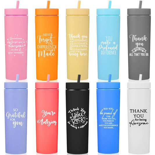 Rtteri 10 Pcs Thank You Cups Employee Appreciation Gifts 16oz Skinny Tumblers with Lids and Straws Plastic Tumblers for Team Coworker Teacher Staff Gifts(ColorfulAppreciation)