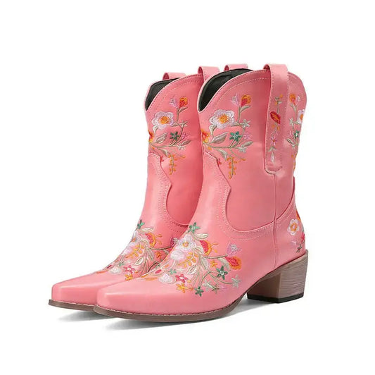 Vintage Flower Embroidered Women's Western Boots