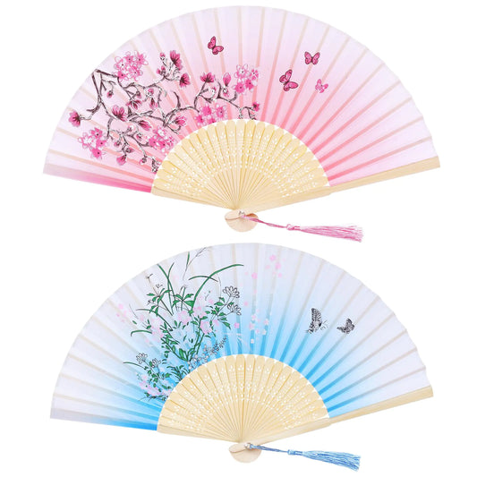 Bantoye 2 Pieces Handheld Fans Silk Folding Fans with Bamboo Frames for Dancing Cosplay Wedding Party Props Decoration (Pink Blue Floral)