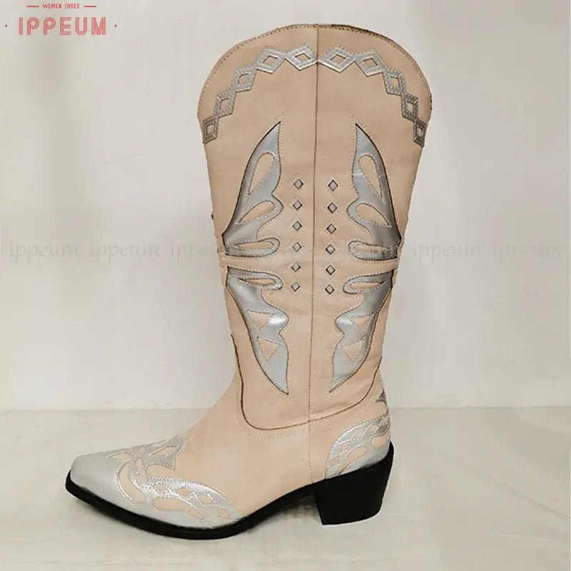 Vintage Retro Butterfly Mid Calf Shoes Western Cowgirl Boots