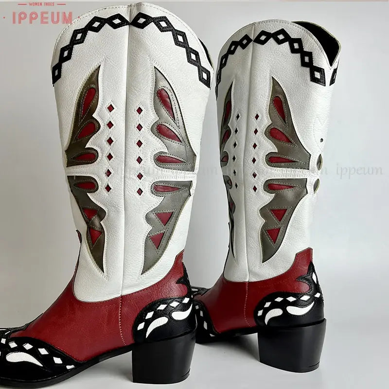 Vintage Retro Butterfly Mid Calf Shoes Western Cowgirl Boots