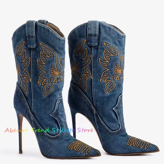 Stride in Style: New Fashion Embroidered Denim Ankle Boots for Women