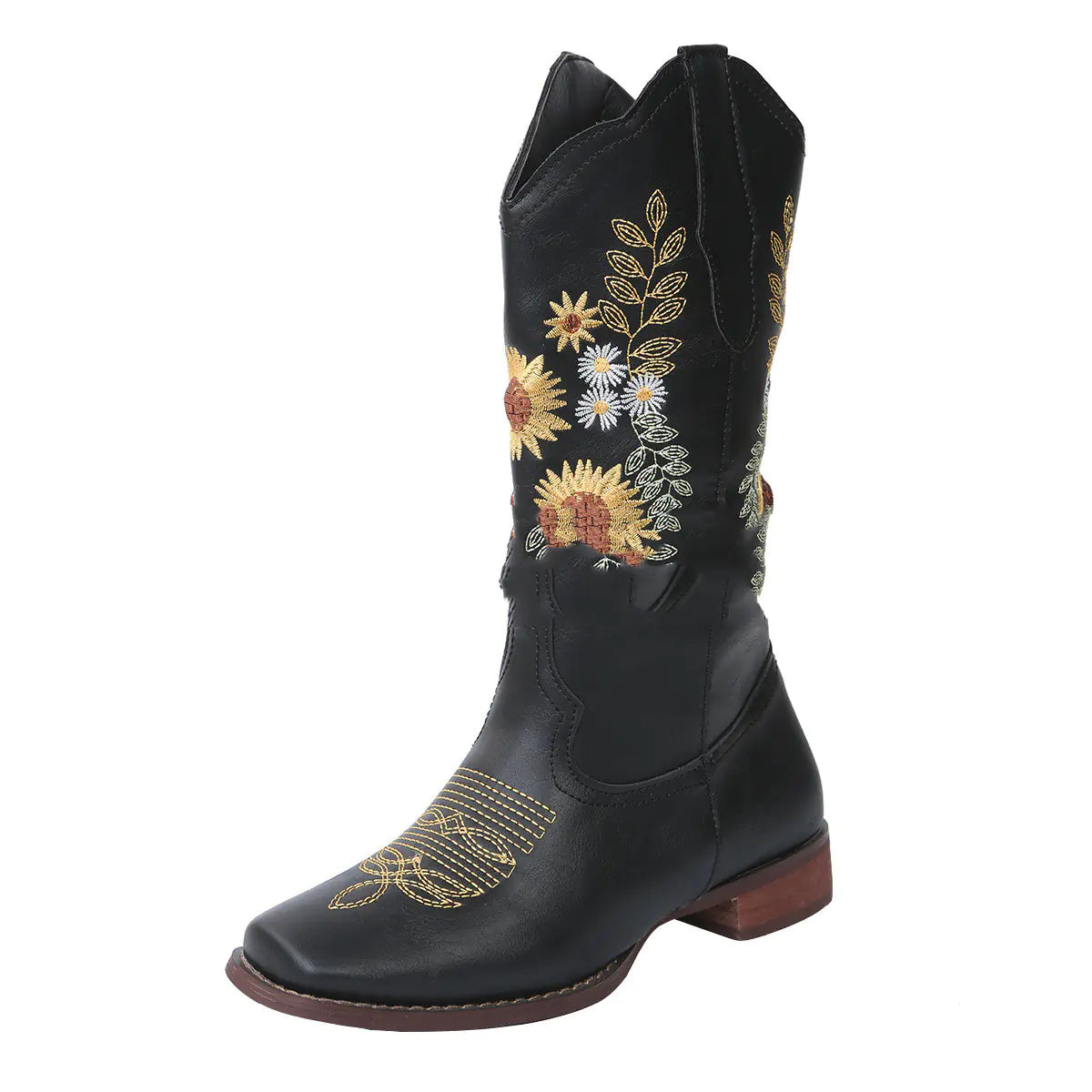 Large Size Embroidered Sunflower Flat-Bottomed Boots