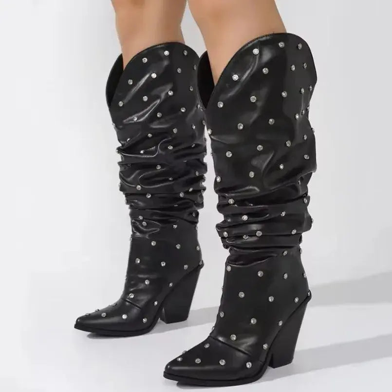 Fancy Swing Pleated Upper Long Cowboy Boots with Rhinestone