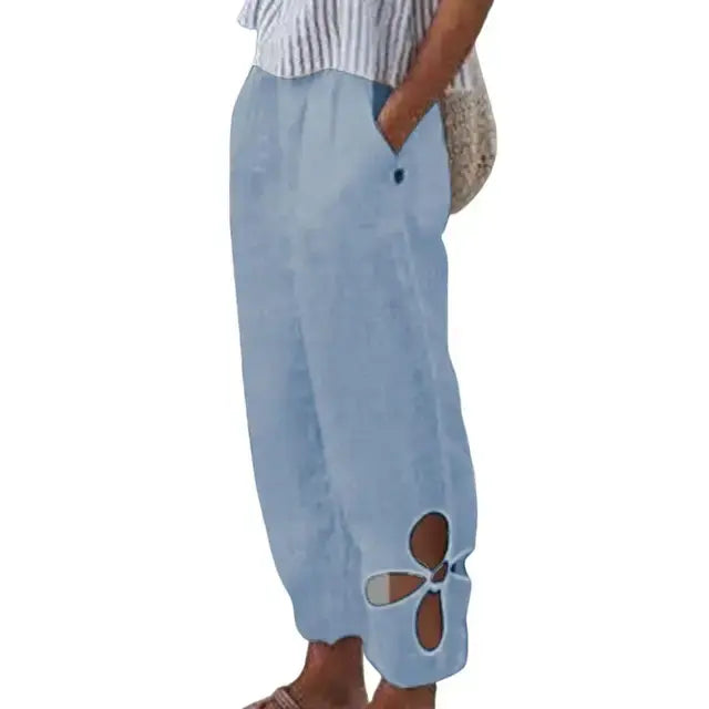 Summer Women Pants Solid Color Hollow Out Ankle Trousers