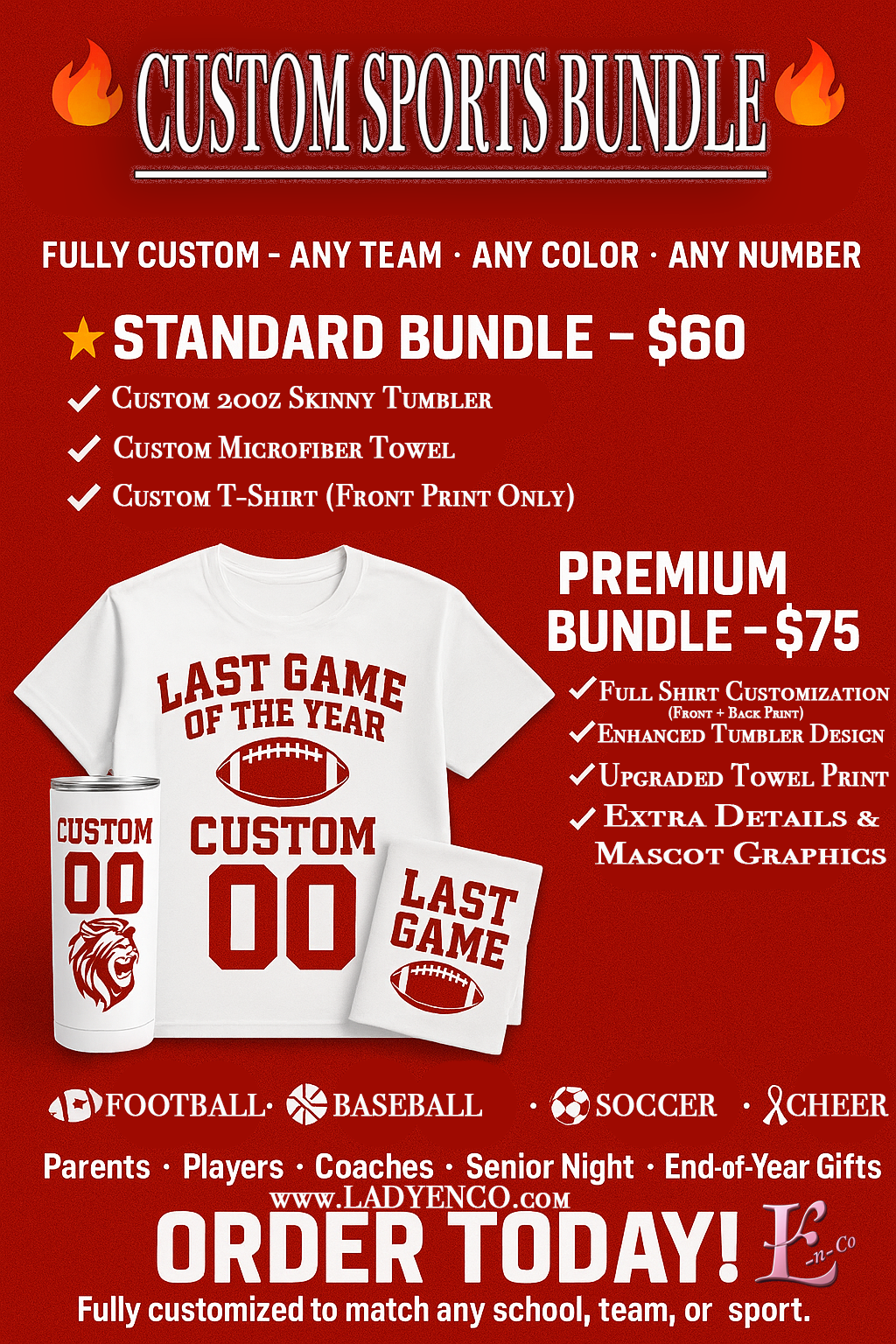 Custom Sports Bundle – T-Shirt + Tumbler + Towel (Standard & Premium)