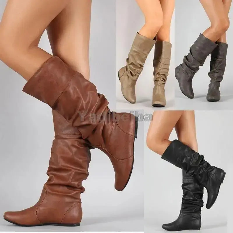 2024 Mid-Calf Boots Women Flat Shoes Spring Autumn Women High Boots Long Leather Western Cowboy Boots Women Footwear Size 35- 43