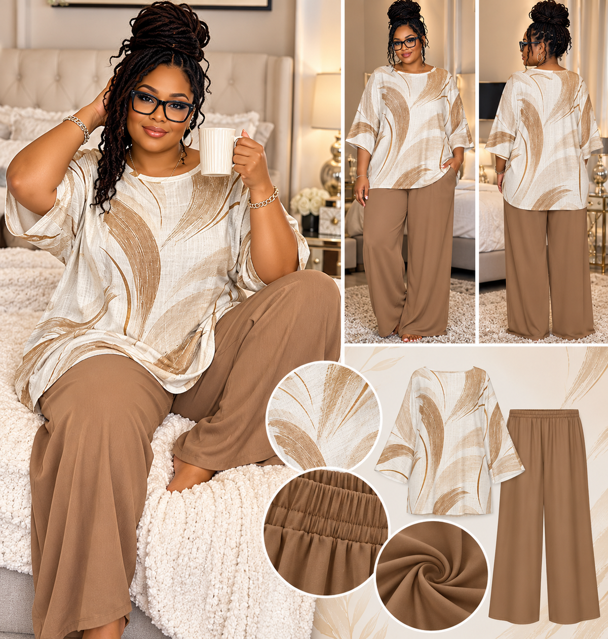 Pajama Mama™ Caramel Canvas Women’s Lounge Set – Relaxed Top & Wide-Leg Pants