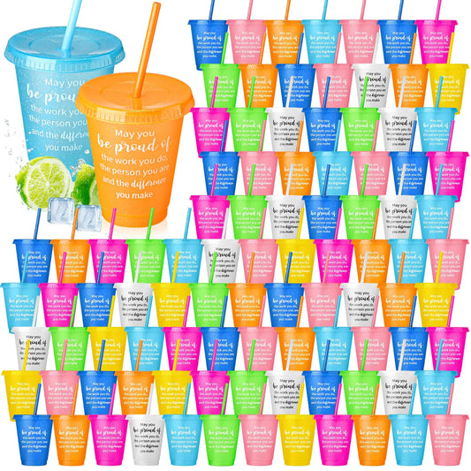 Domensi 120 Pcs Employee Appreciation Tumbler Gifts Bulk 17oz Thank You Gift Plastic Cups with Lids Straws Colorful Reusable Inspirational Cups for Coworker Teacher Staff Team (Colorful)