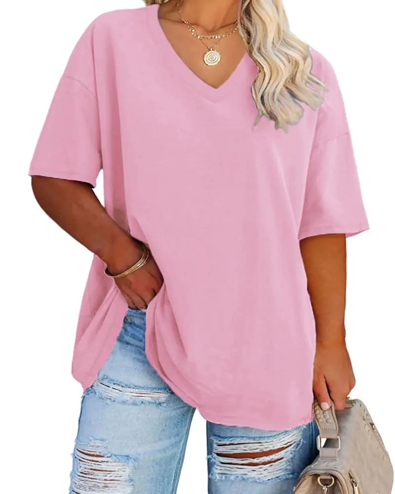 Women's Plus Size V Neck T Shirts Summer Half Sleeve Tees Casual Loose Fit Cotton Tunic Tops XX-Large Plus Khaki