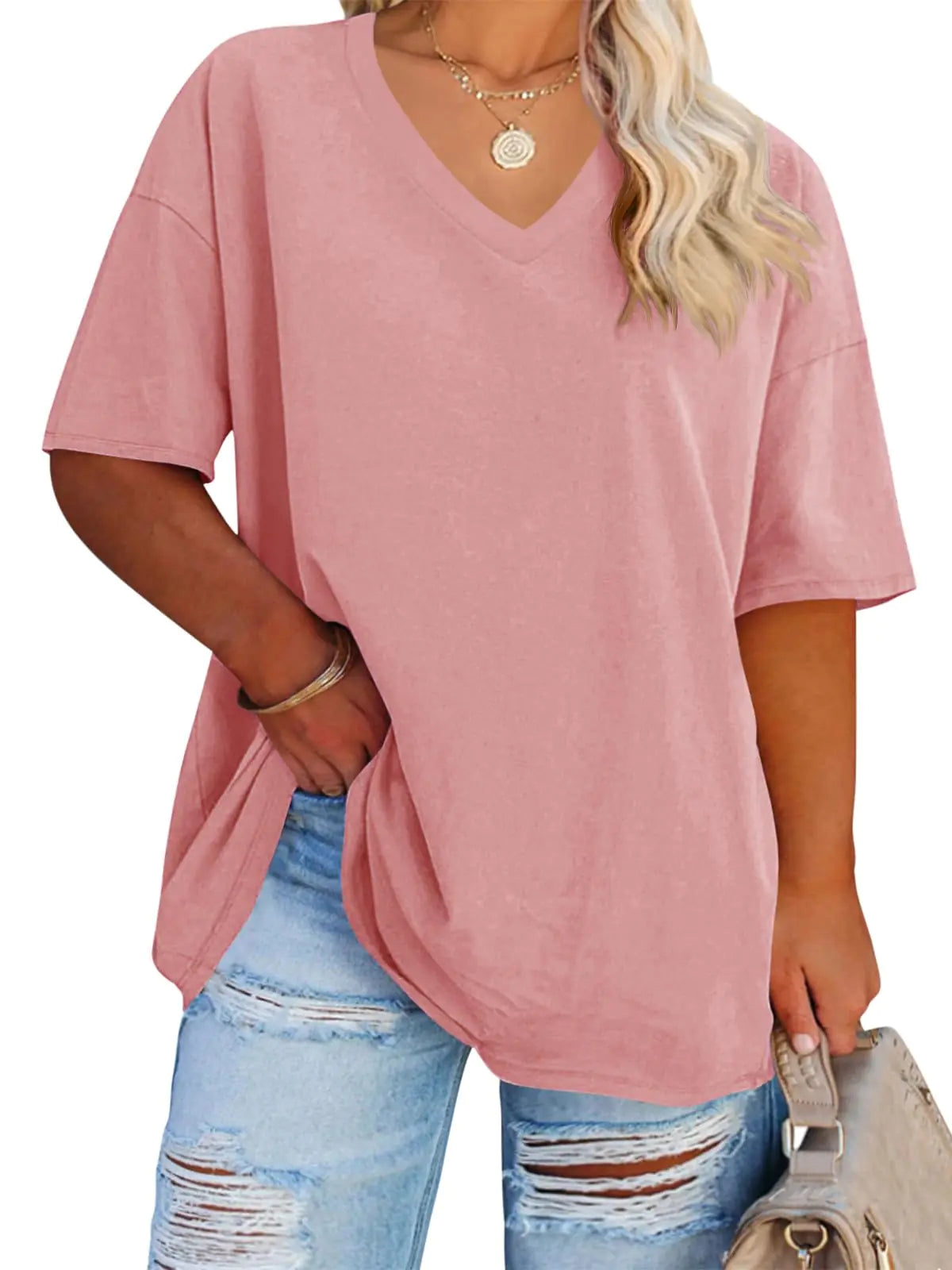 Women's Plus Size V Neck T Shirts Summer Half Sleeve Tees Casual Loose Fit Cotton Tunic Tops XX-Large Plus Khaki