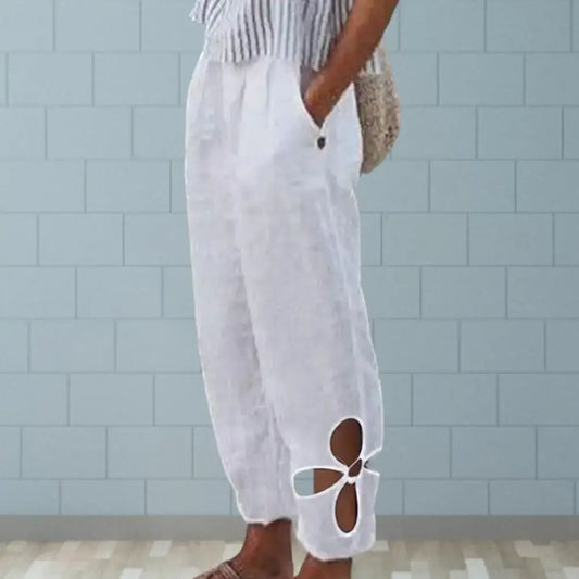 Summer Women Pants Solid Color Hollow Out Ankle Trousers