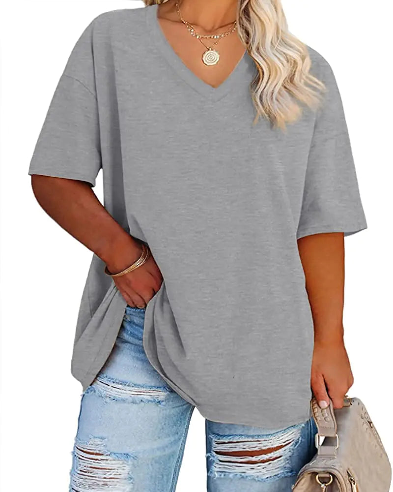 Women's Plus Size V Neck T Shirts Summer Half Sleeve Tees Casual Loose Fit Cotton Tunic Tops XX-Large Plus Khaki