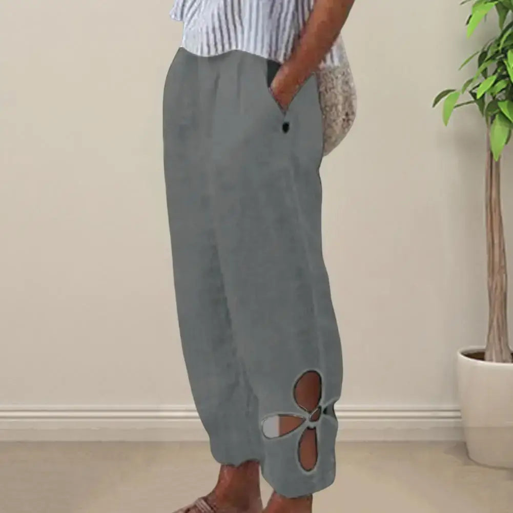 Summer Women Pants Solid Color Hollow Out Ankle Trousers