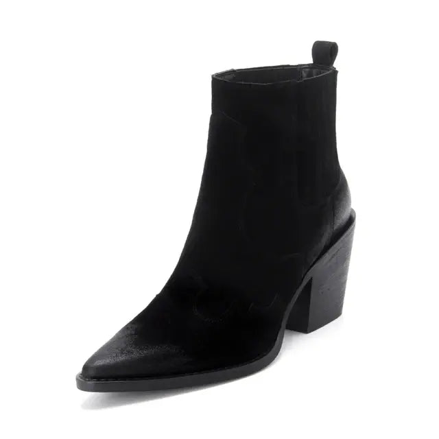 Genuine Leather Western Ankle Boots with Thick Square Heel