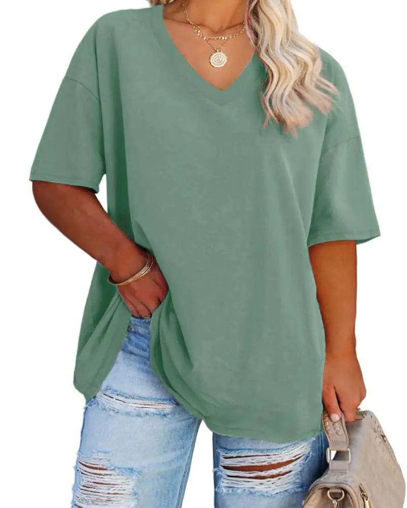Women's Plus Size V Neck T Shirts Summer Half Sleeve Tees Casual Loose Fit Cotton Tunic Tops XX-Large Plus Khaki