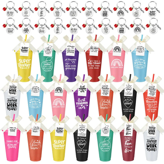 20 sets Teachers Appreciation Gifts Bulk 24oz Plastic Teachers Tumbler Bulk with Lids Straws Thank You Keychain Appreciation Cards Gifts for Teacher Team Staff Coworker(Cute)