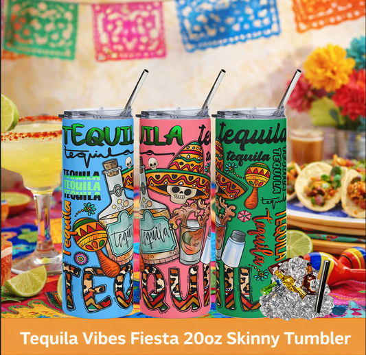 Tequila Vibes Fiesta 20oz Skinny Tumbler with Bottles Ice Topper