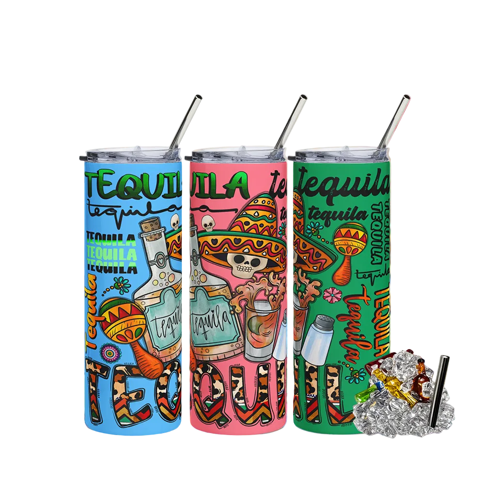 Tequila Vibes Fiesta 20oz Skinny Tumbler with Bottles Ice Topper