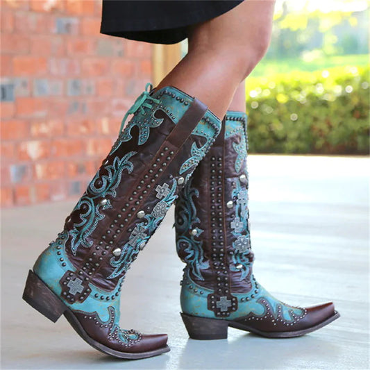 Embroidered Lace-Up Mid-Calf Boots with Thick Heels