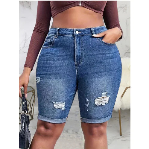 Plus Size Women's Ripped Denim Shorts with Roll Hem
