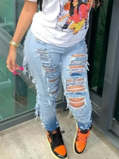 Plus Size Skinny High Waist Street Hipsters Ripped Baby Blue Stretchy Denim Jeans