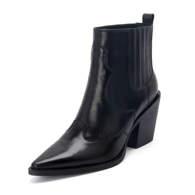 Genuine Leather Western Ankle Boots with Thick Square Heel