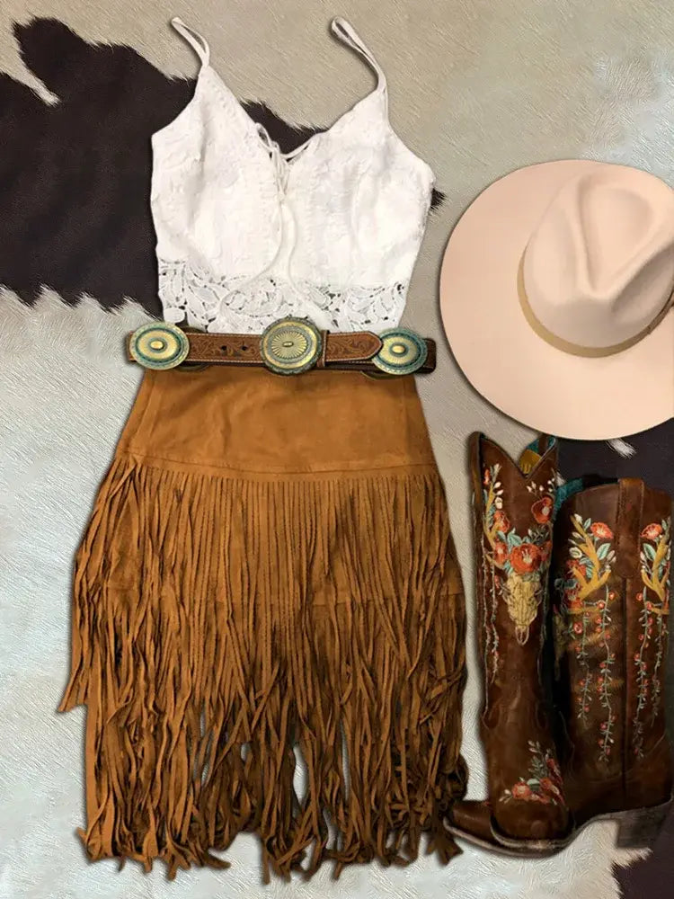 Solid Color Tassel Design Khaki Skirt