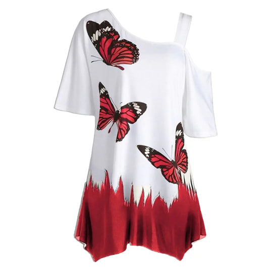 Butterfly Print Off-Shoulder Plus Size T-Shirt