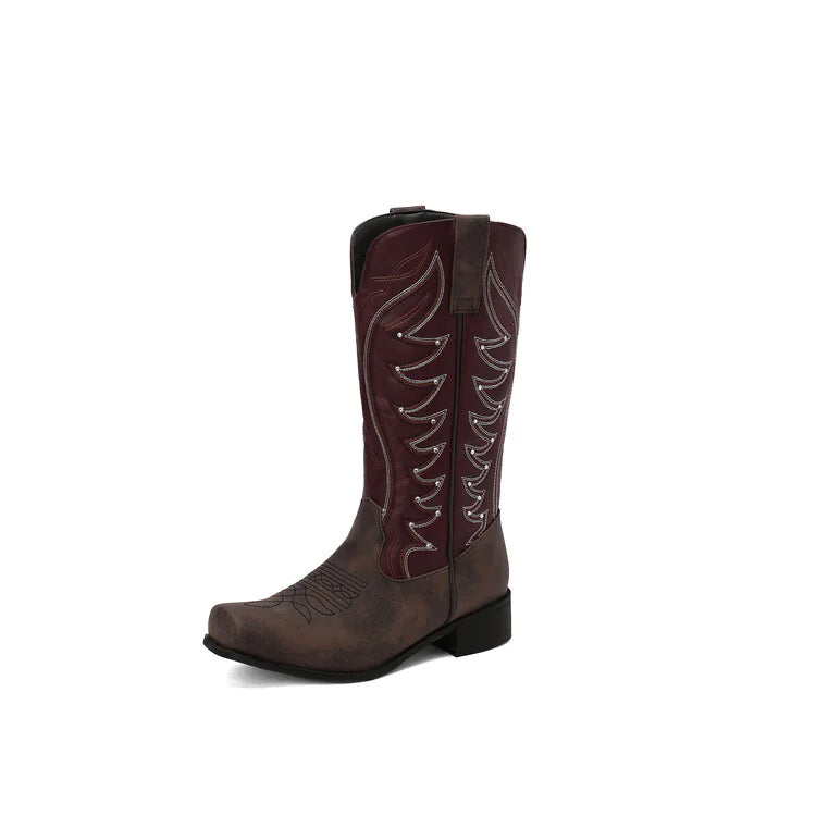 Embroidered Western Denim Mid-Heel Boots