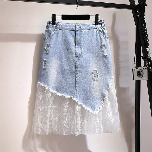 Plus Size Women's Mesh Panel Blue Denim Skirt