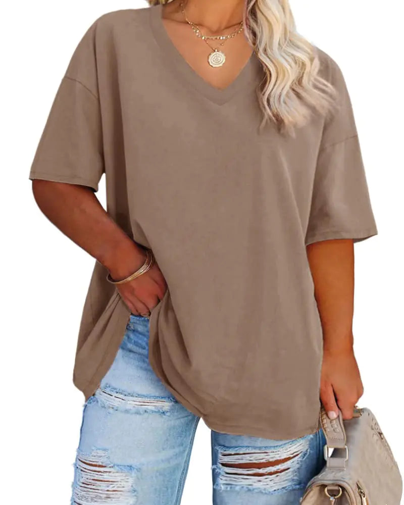 Women's Plus Size V Neck T Shirts Summer Half Sleeve Tees Casual Loose Fit Cotton Tunic Tops XX-Large Plus Khaki