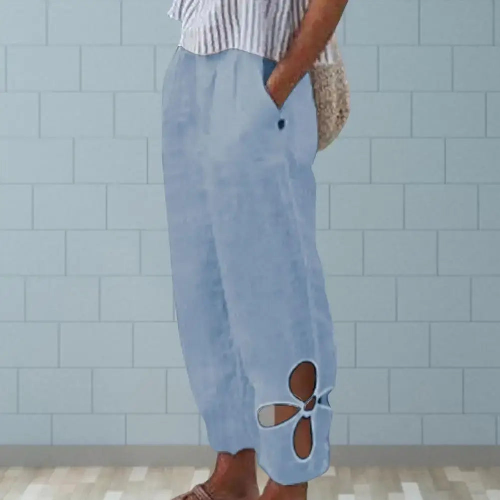 Summer Women Pants Solid Color Hollow Out Ankle Trousers