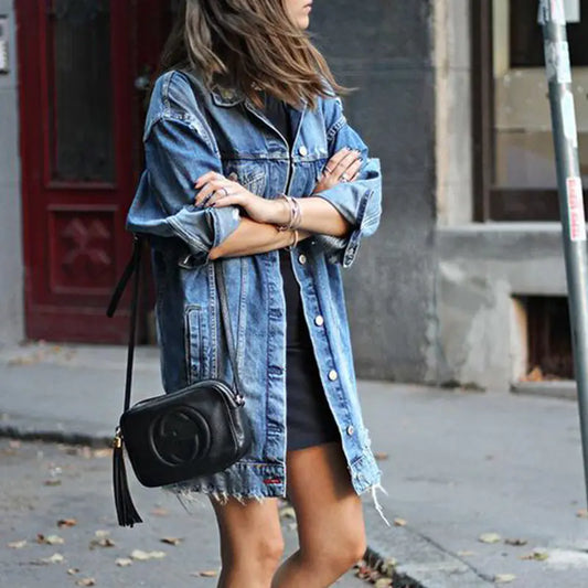 Women's Mid-Length Ripped Denim Jacket by WISH